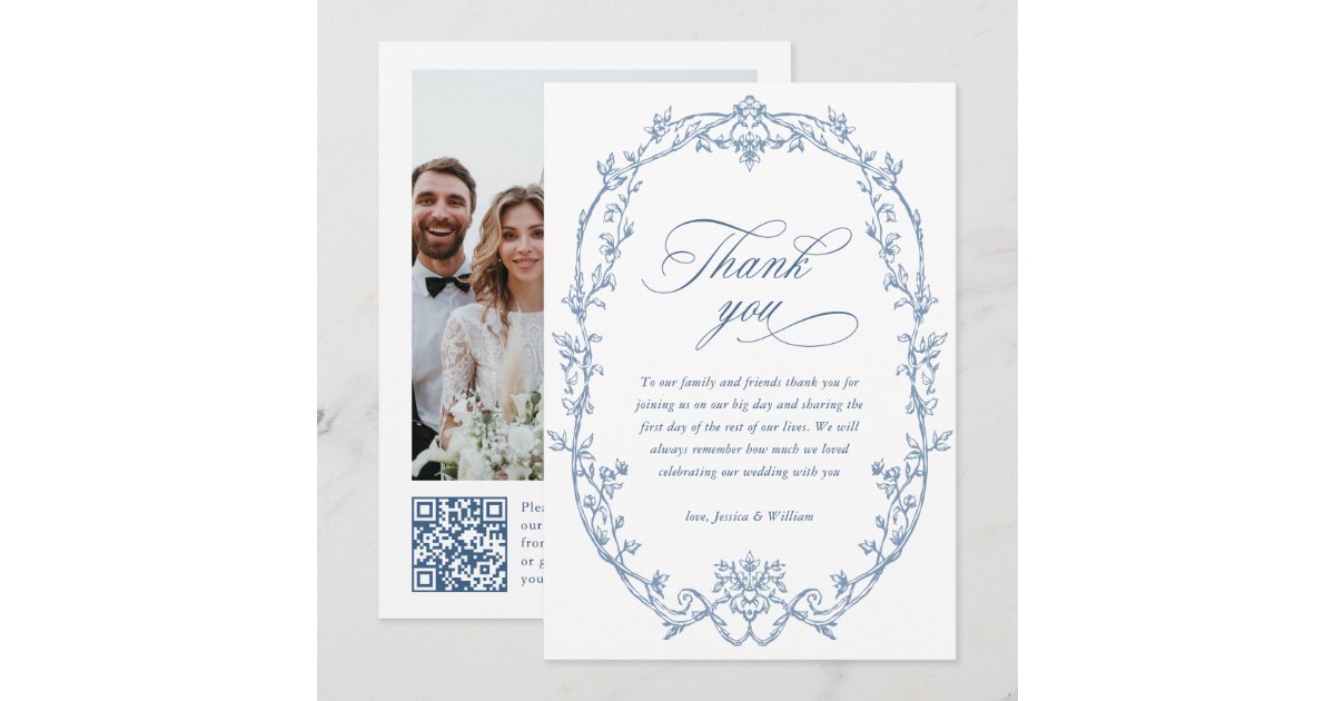 Victorian Ornate Floral Dusty Blue Wedding QR cod Thank You Card | Zazzle