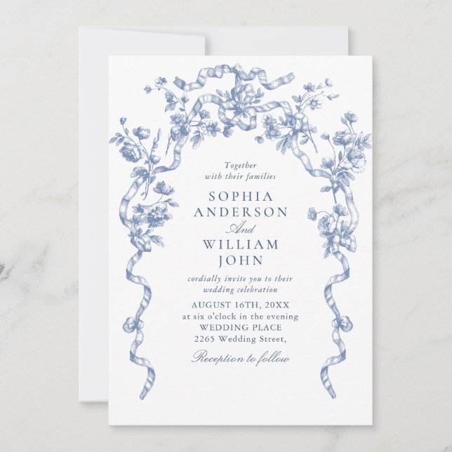 Victorian Ornate Floral Dusty Blue Wedding QR code Invitation (Front)