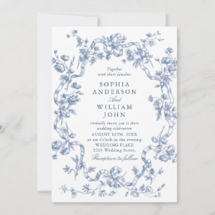 Victorian Ornate Floral Dusty Blue Wedding QR code Invitation