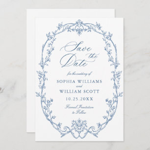 Victorian Ornate Floral Dusty Blue Wedding QR code Save The Date