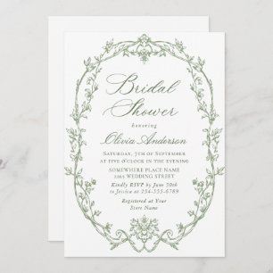 Victorian Ornate Floral Sage Green Bridal Shower Invitation