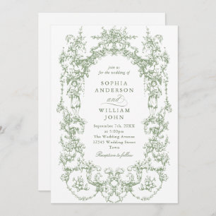 Victorian Ornate Floral Sage Green QR code Wedding Invitation