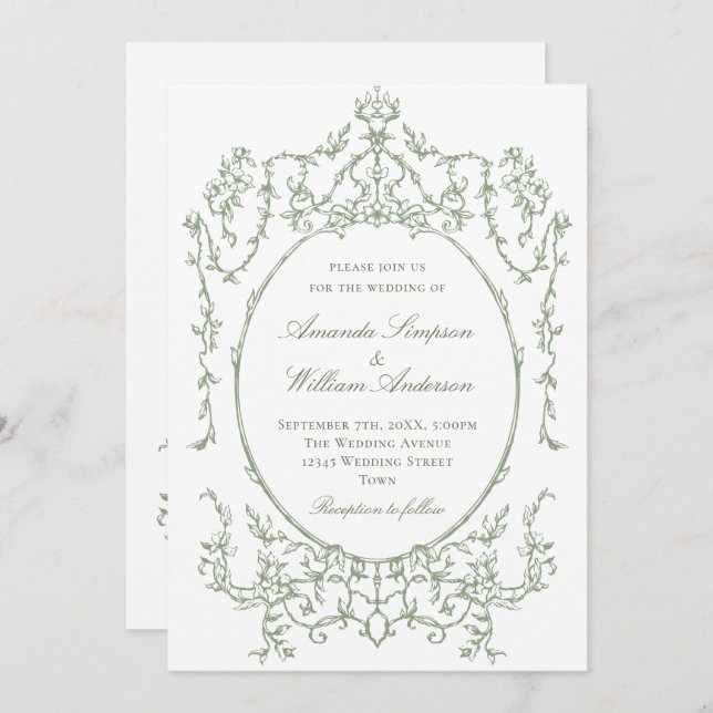 Victorian Ornate Floral Sage Green QR code Wedding Invitation (Front/Back)