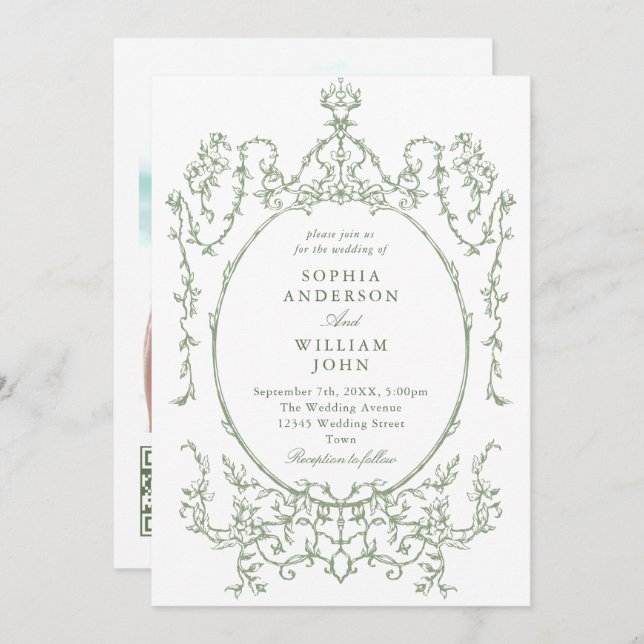 Victorian Ornate Floral Sage Green QR code Wedding Invitation (Front/Back)