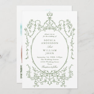 Victorian Ornate Floral Sage Green QR code Wedding Invitation