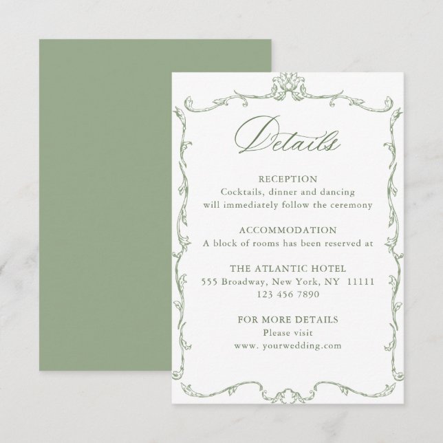 Victorian Ornate Floral Sage Green Wedding Details Enclosure Card (Front/Back)
