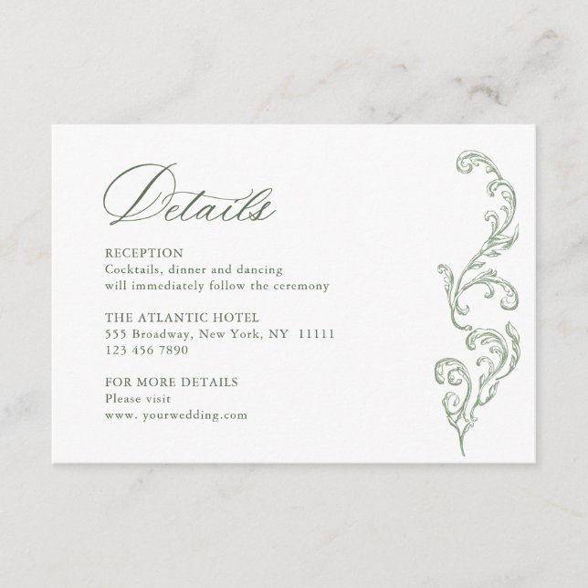 Victorian Ornate Floral Sage Green Wedding Details Enclosure Card (Front)