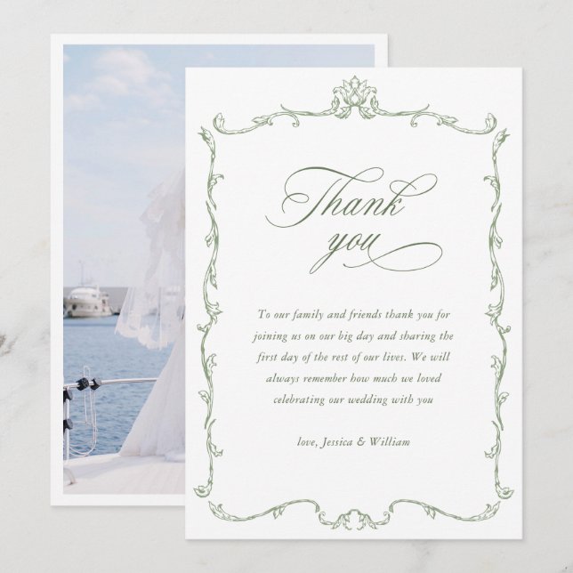 Victorian Ornate Floral Sage Green Wedding Photo Thank You Card (Front/Back)