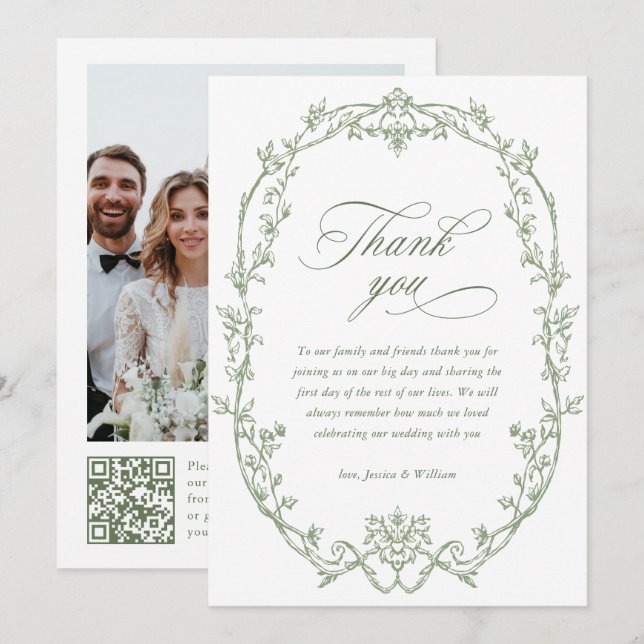 Victorian Ornate Floral Sage Green Wedding QR cod Thank You Card (Front/Back)