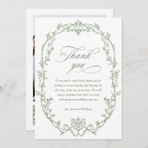 Victorian Ornate Floral Sage Green Wedding QR cod Thank You Card