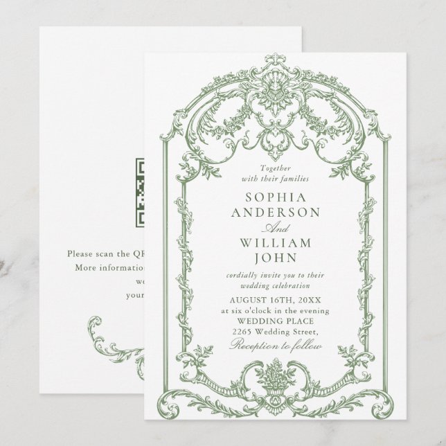 Victorian Ornate Floral Sage Green Wedding QR code Invitation (Front/Back)