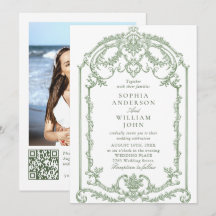 Victorian Ornate Floral Sage Green Wedding QR code