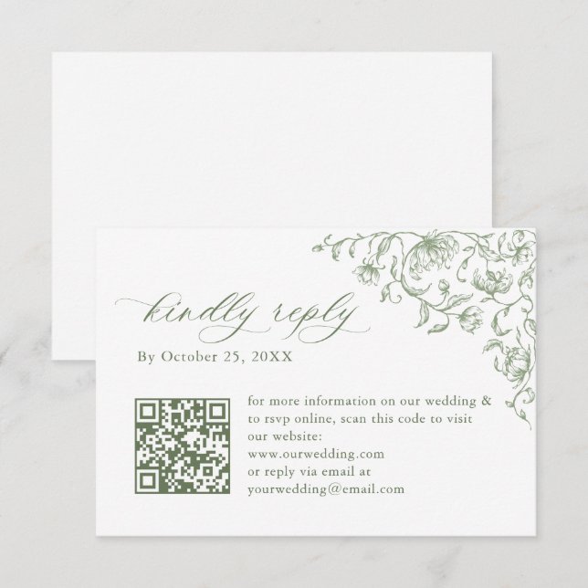 Victorian Ornate Floral Sage Green Wedding QR code RSVP Card (Front/Back)