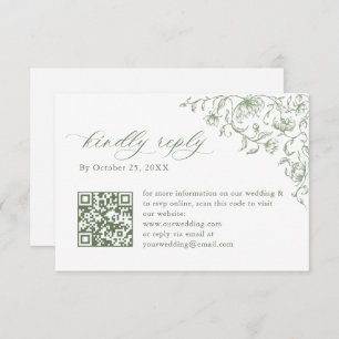 Victorian Ornate Floral Sage Green Wedding QR code RSVP Card