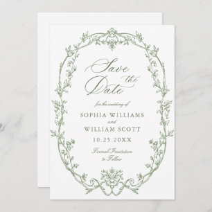 Victorian Ornate Floral Sage Green Wedding QR code Save The Date
