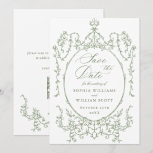 Victorian Ornate Floral Sage Green Wedding QR code Save The Date