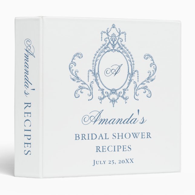 Victorian Ornate Grace Blue Bridal Shower Recipe 3 Ring Binder (Front/Spine)