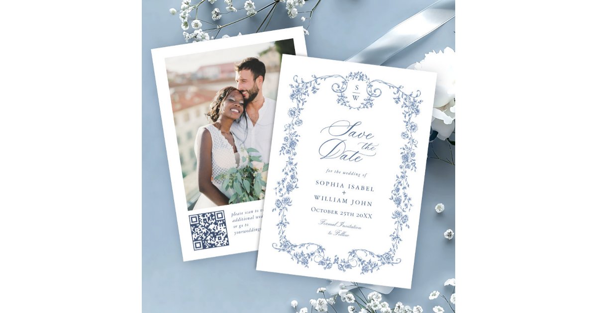 Victorian Ornate Grace Blue Floral QR code Wedding Save The Date | Zazzle
