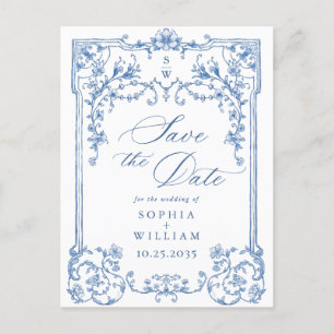 Victorian Ornate Grace Blue Wedding Save The Date Postcard