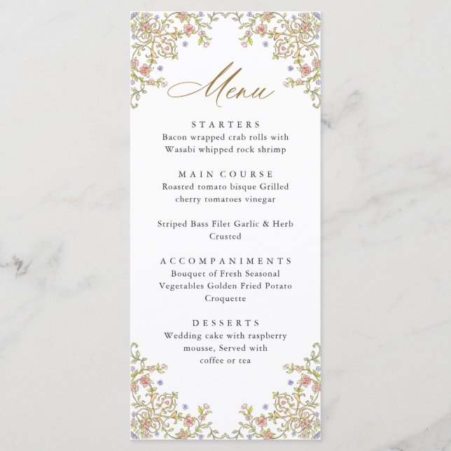Victorian Ornate Grace Bohemian Wedding Dinner Menu (Front)