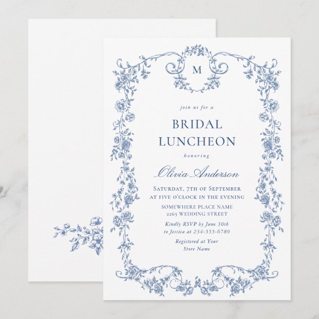 Victorian Ornate Grace Dusty Blue BRIDAL LUNCHEON Invitation (Front/Back)