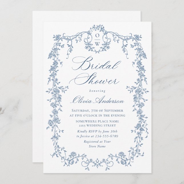 Victorian Ornate Grace Dusty Blue Bridal Shower Invitation (Front/Back)