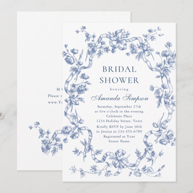 Victorian Ornate Grace Dusty Blue Bridal Shower Invitation (Front/Back)