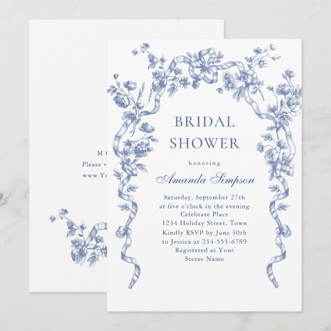 Victorian Ornate Grace Dusty Blue Bridal Shower Invitation (Front/Back)