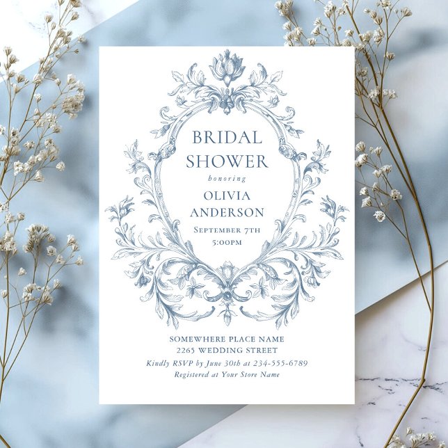 Victorian Ornate Grace Dusty Blue Bridal Shower Invitation (Creator Uploaded)