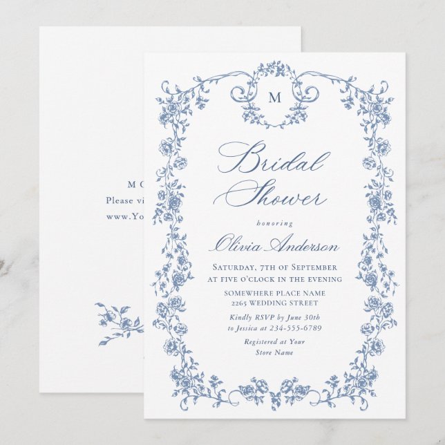Victorian Ornate Grace Dusty Blue Bridal Shower Invitation (Front/Back)