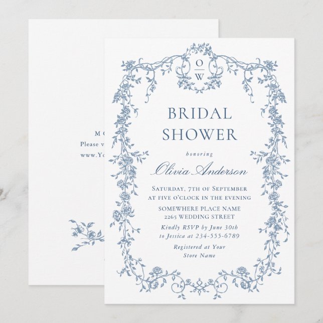 Victorian Ornate Grace Dusty Blue Bridal Shower Invitation (Front/Back)