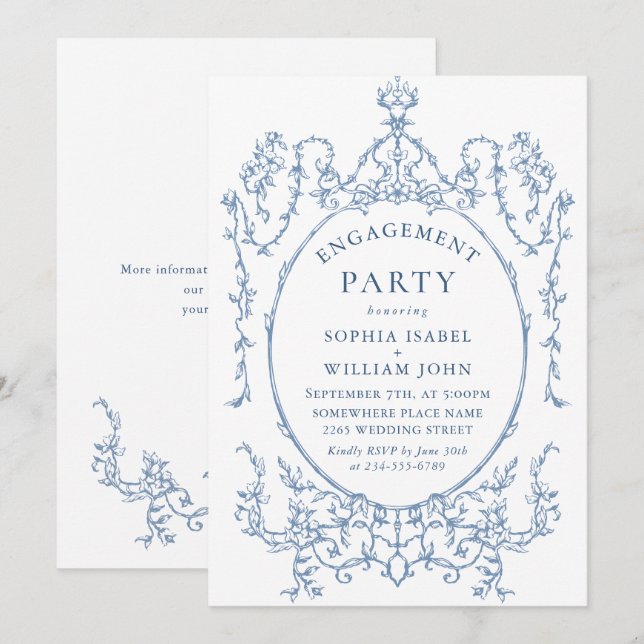 Victorian Ornate Grace Dusty Blue ENGAGEMENT PARTY Invitation (Front/Back)