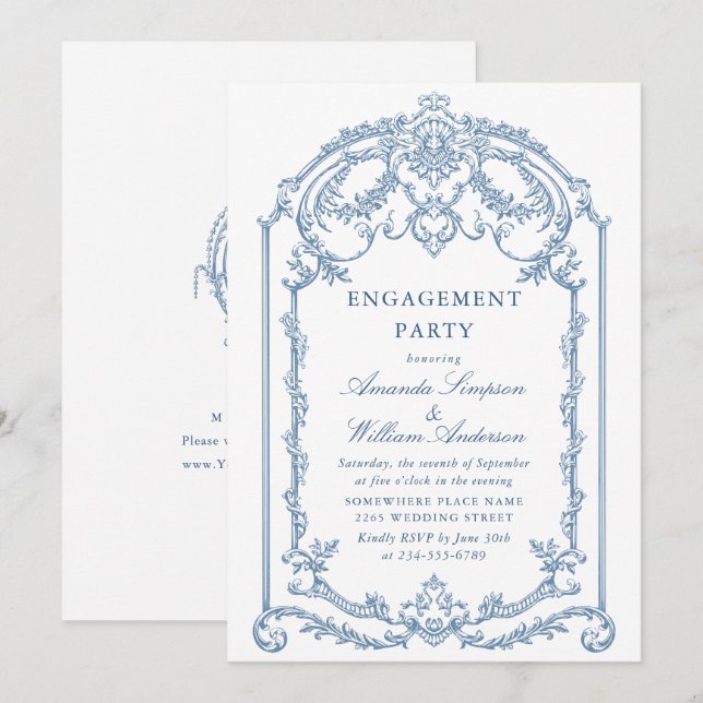 Victorian Ornate Grace Dusty Blue ENGAGEMENT PARTY Invitation (Front/Back)