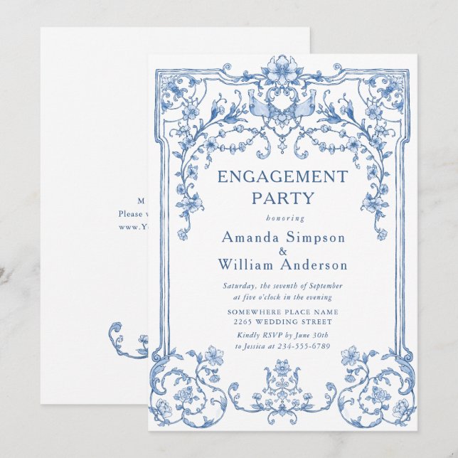 Victorian Ornate Grace Dusty Blue ENGAGEMENT PARTY Invitation (Front/Back)