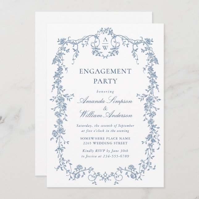 Victorian Ornate Grace Dusty Blue ENGAGEMENT PARTY Invitation (Front/Back)
