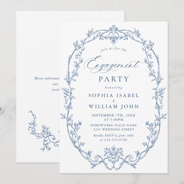 Victorian Ornate Grace Dusty Blue ENGAGEMENT PARTY Invitation (Front/Back)