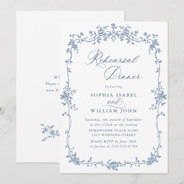 Victorian Ornate Grace Dusty Blue Rehearsal Dinner Invitation (Front/Back)