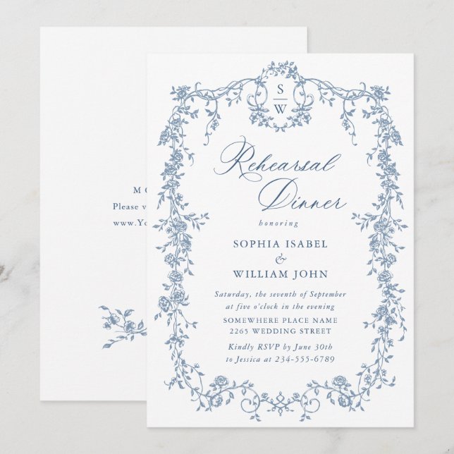 Victorian Ornate Grace Dusty Blue Rehearsal Dinner Invitation (Front/Back)