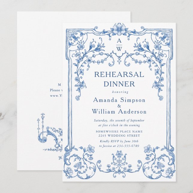 Victorian Ornate Grace Dusty Blue Rehearsal Dinner Invitation (Front/Back)