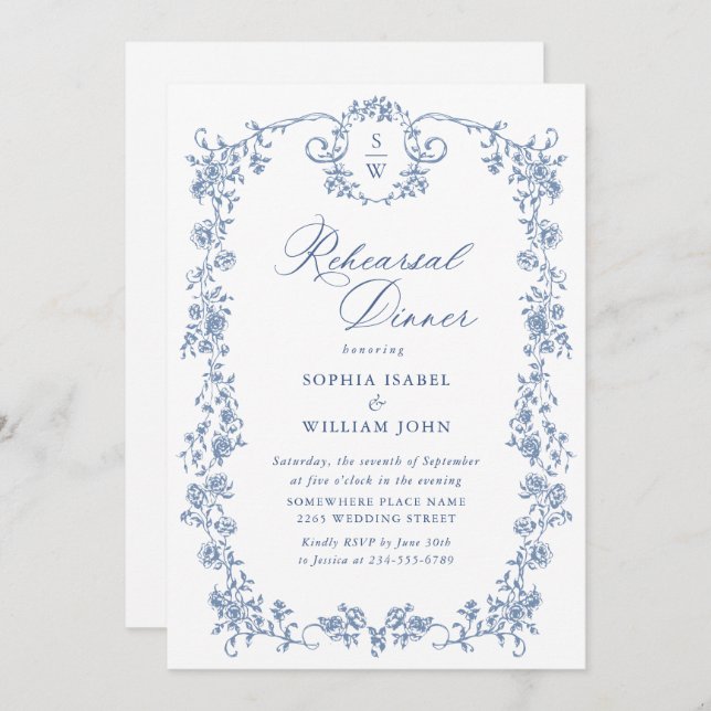 Victorian Ornate Grace Dusty Blue Rehearsal Dinner Invitation (Front/Back)