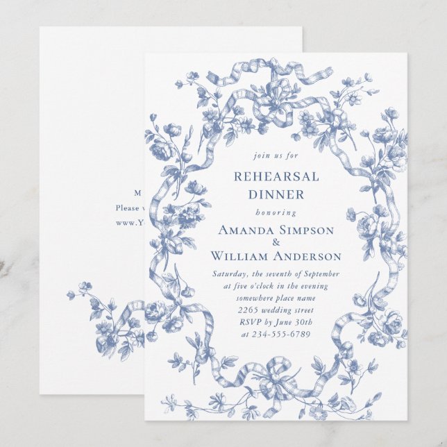 Victorian Ornate Grace Dusty Blue Rehearsal Dinner Invitation (Front/Back)