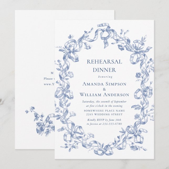 Victorian Ornate Grace Dusty Blue Rehearsal Dinner Invitation (Front/Back)