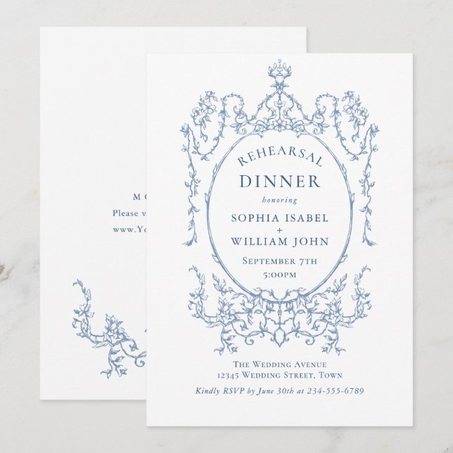 Victorian Ornate Grace Dusty Blue Rehearsal Dinner Invitation (Front/Back)