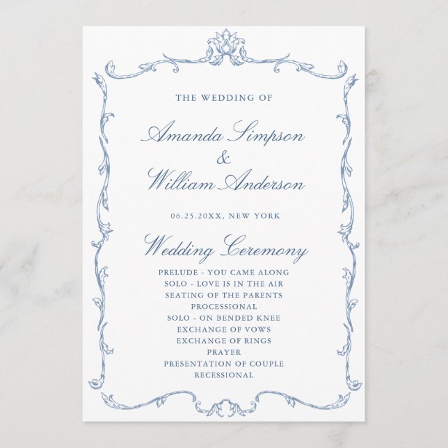 Victorian Ornate Grace Dusty Blue Wedding Ceremony Program (Front)