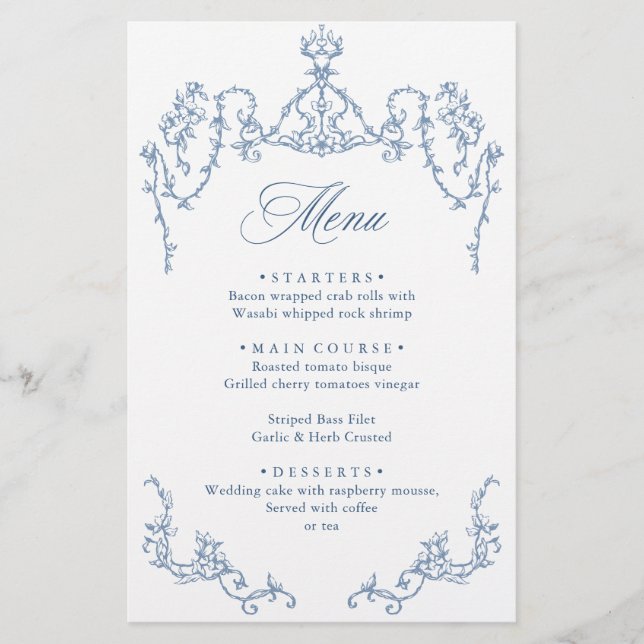 Victorian Ornate Grace Dusty Blue Wedding Menu (Front)