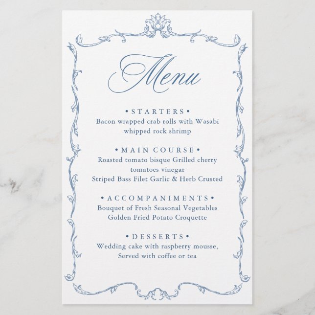 Victorian Ornate Grace Dusty Blue Wedding Menu (Front)