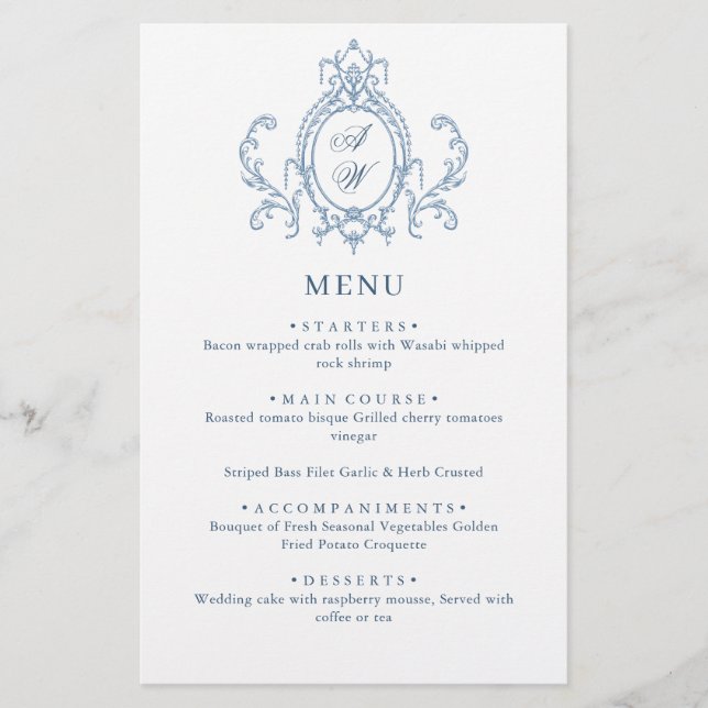 Victorian Ornate Grace Dusty Blue Wedding Menu (Front)