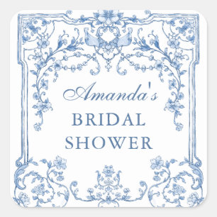 Victorian Ornate Grace Floral Blue Bridal Shower Square Sticker