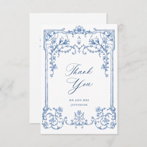 Victorian Ornate Grace Floral Blue Flower Wedding Thank You Card