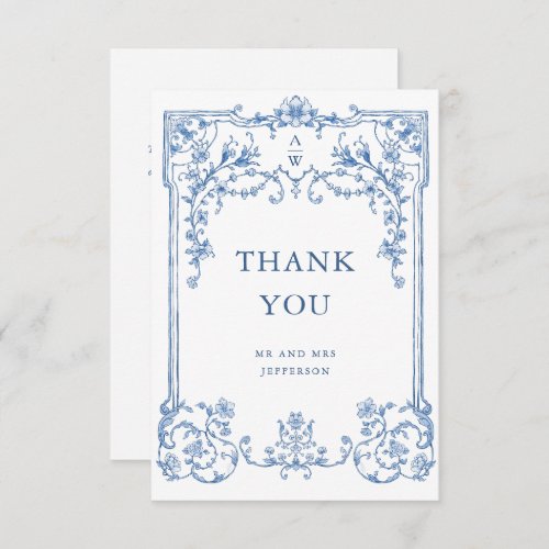 Victorian Ornate Grace Floral Blue Flower Wedding Thank You Card